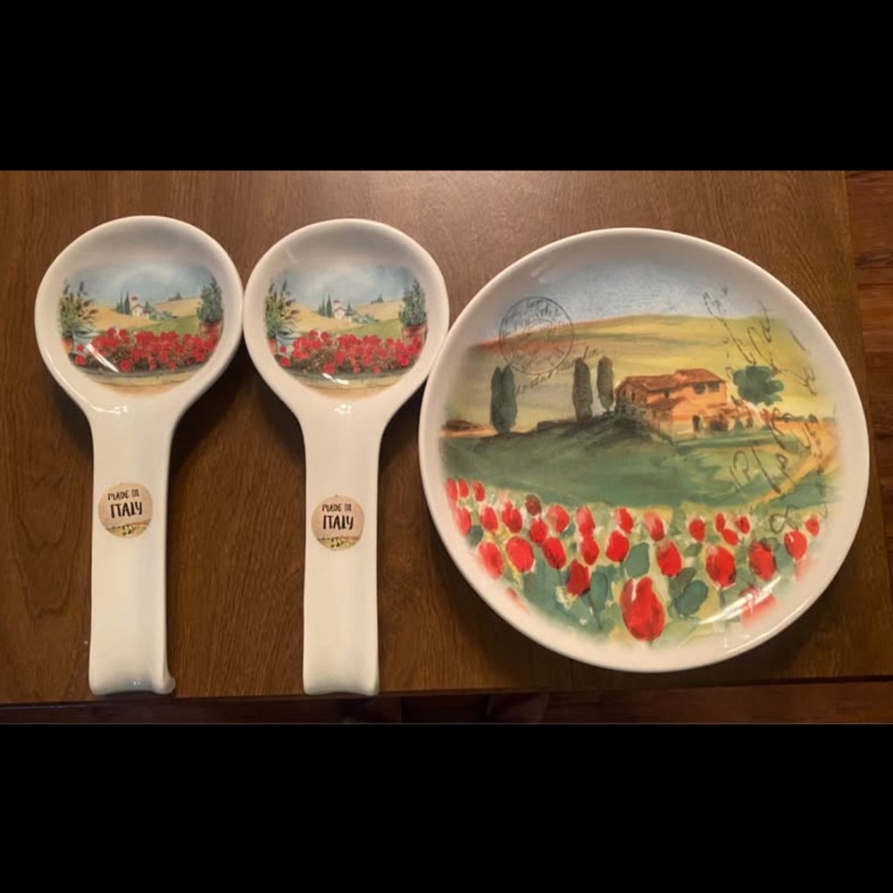 Ceramisia Tuscan Poppy Spoon Rests and Matching Plate - Made in Italy